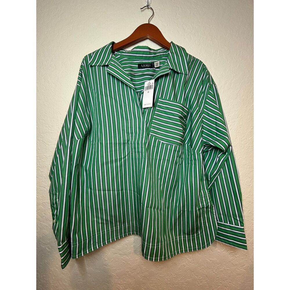 NWT Lauren Ralph Lauren 1X Green Striped Cotton Shirt Plus Size MSRP $125